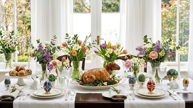 Easter dinner table with roast lamb and colorful spring flowers