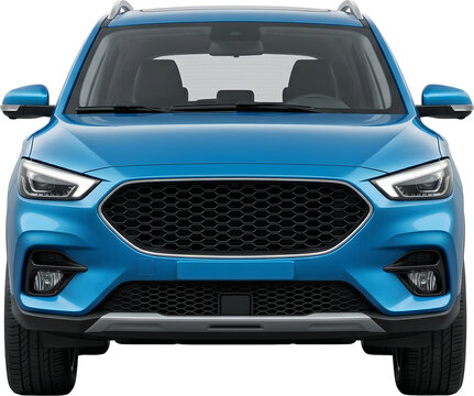 Blue Modern SUV in Front View Isolated on Transparent Background