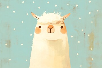 Fototapeta premium Cute llama portrait in vintage art style. Funny farm animal illustration on blue background with snow. Decorative element for children room design and greeting card invitation.