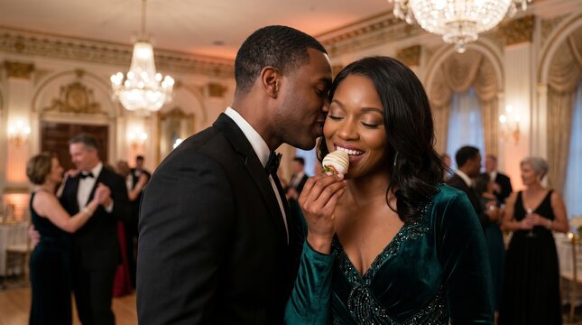African American man and woman in elegant evening attire sharing a chocolate covered strawberry at a luxury formal gala celebration event. Romantic couple dancing in golden ballroom
