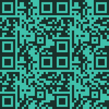 Abstract QR code pixel seamless pattern, green cyber technology grid background.
