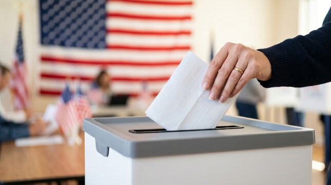 Woman casting ballot in election box at polling station. Citizen voting process during American election. Civic duty, political participation and democracy concept in United States of America