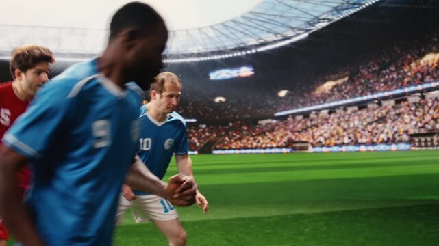 Football player accelerating with ball during dynamic attack on pitch, running forward with agility and showing footwork, for ball control and football attack.
