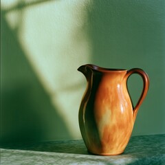 Obraz premium Amber ceramic pitcher on green tabletop with raking afternoon light
