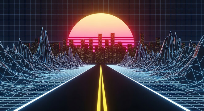 Retro synthwave landscape with glowing sunset and road synthwave retrowave cyberpunk landscape vaporwave perspective
