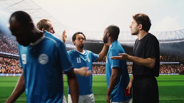 Referee raising red card toward soccer player protesting dismissal, complaining about VAR and match official decision, for discipline and match conflict.