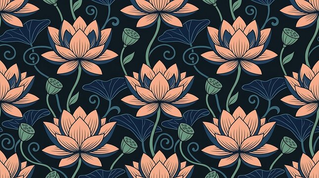 Seamless floral pattern with peach lotus flowers on dark background