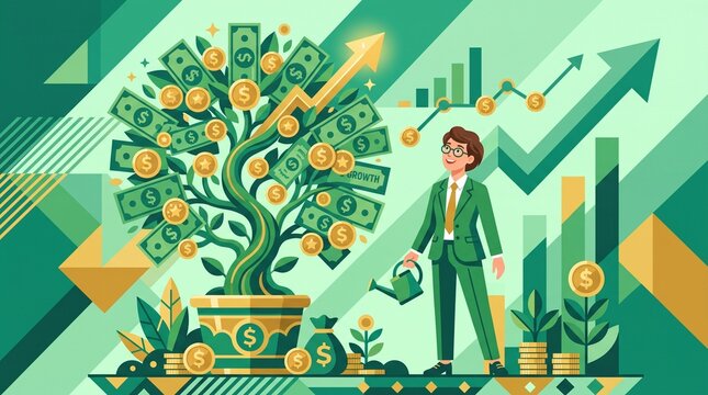 Businessman Watering Money Tree for Financial Growth and Investment Success