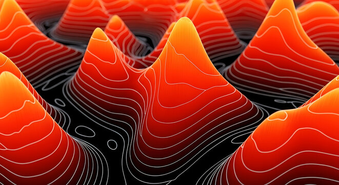Abstract topographical digital landscape map in red and orange with topography landscape abstract elevation contours graphics mountain analysis visualization geometry physical information