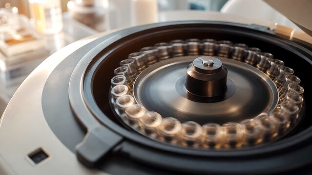 Centrifuge machine spins small glass test tubes filled with liquid samples in a clinical setting.