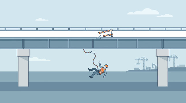 A construction worker falls from a bridge after his safety rope breaks, highlighting a critical workplace accident and safety failure.