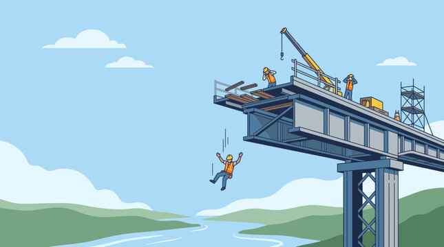 A construction worker is falling from an incomplete bridge over a river, while other workers continue building with a crane.