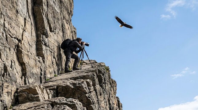 Photographer on a steep cliff capturing a bald eagle in flight