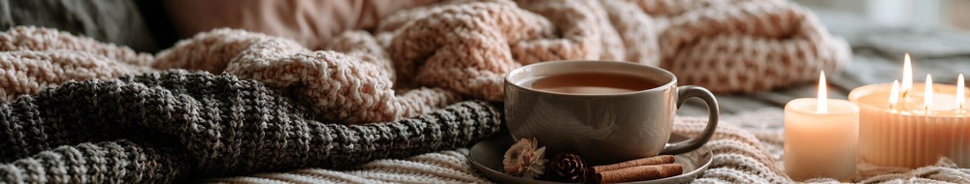 Cozy winter still life with warm tea, lit candles and textured knitted blankets on a soft neutral throw
