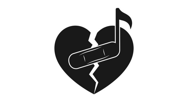 Black silhouette icon of a broken heart being mended by a musical note.