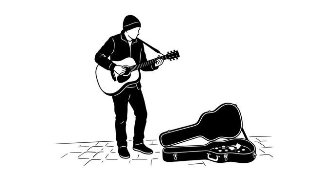 A street performer playing acoustic guitar for money.