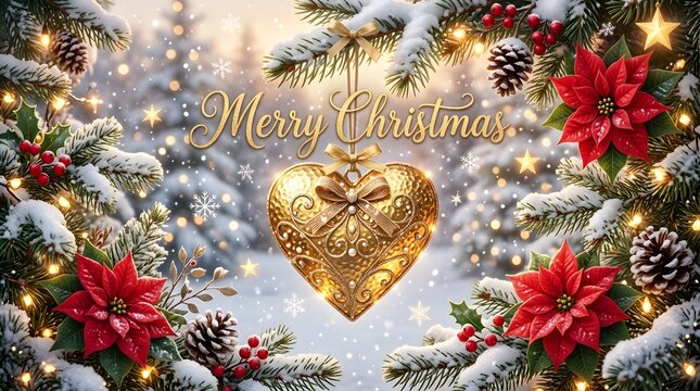 Festive christmas heart ornament with poinsettias and snow a holiday season greeting