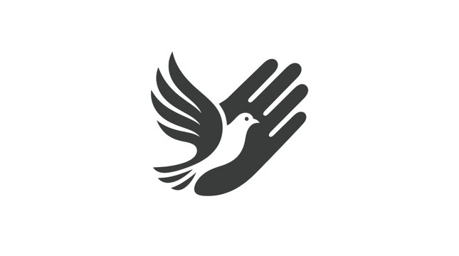 Minimalist black icon showing a flying dove shape held gently within a human open palm