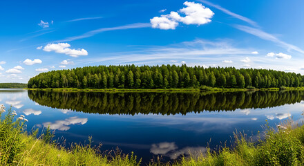 Panoramic landscape of a calm lake reflecting a lush forest under a clear blue sky with landscape reflection panoramic wilderness peaceful outdoors environment © NAZMULHASAN
