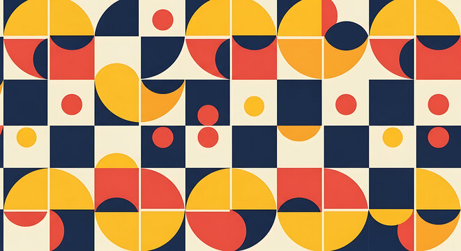 Modern retro style seamless pattern with geometric circles and squares in bold colors geometric seamless abstract background wallpaper composition decorative illustration