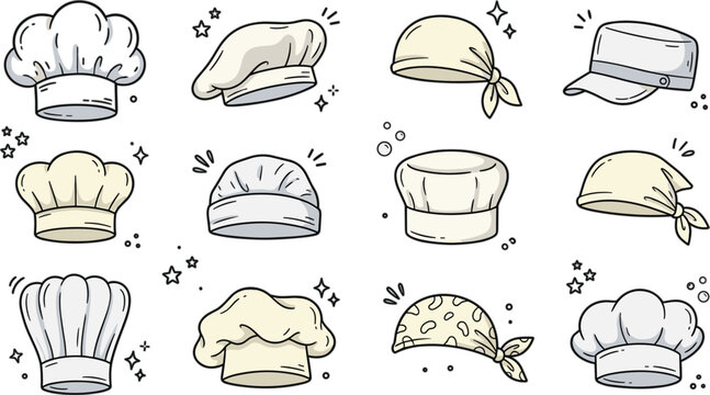 Chef hat vector set with traditional toque hats baker caps head wraps bandanas and kitchen uniform clothing line art illustration elements