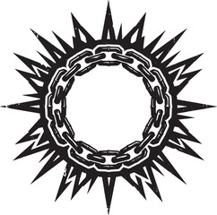 Fototapeta premium Black and white of a circular metal chain frame surrounded by sharp, jagged triangular spikes in a tribal tattoo style
