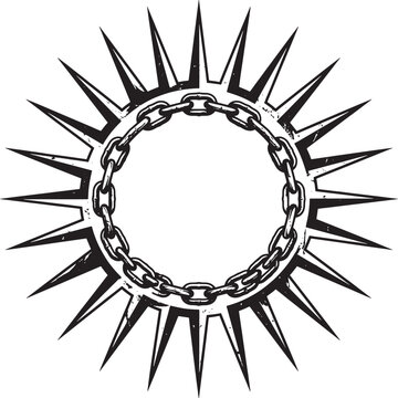 Black and white of a circular metal chain frame surrounded by sharp, jagged triangular spikes in a tribal tattoo style