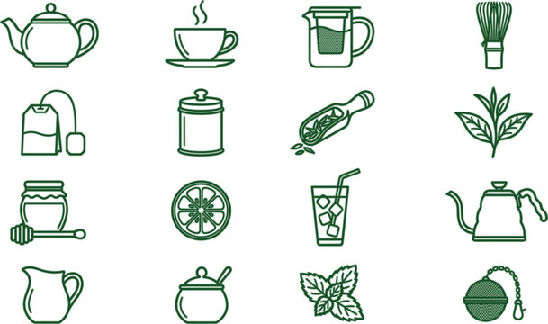 Green tea vector icon set featuring teapot hot cup bag matcha whisk infuser leaves honey lemon mint and iced beverage line art symbols