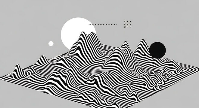 Abstract topographic landscape with black and white zebra stripe patterns abstract topographic landscape monochrome mountains geometric background minimalist topography illusion