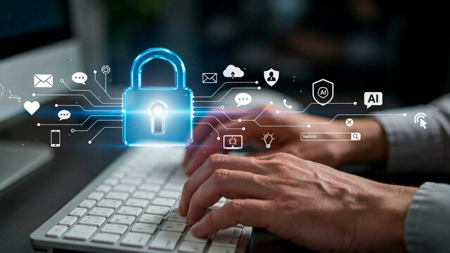 Digital security concept, with a padlock icon and various digital icons connected by lines, overlying a person's hands typing on a keyboard