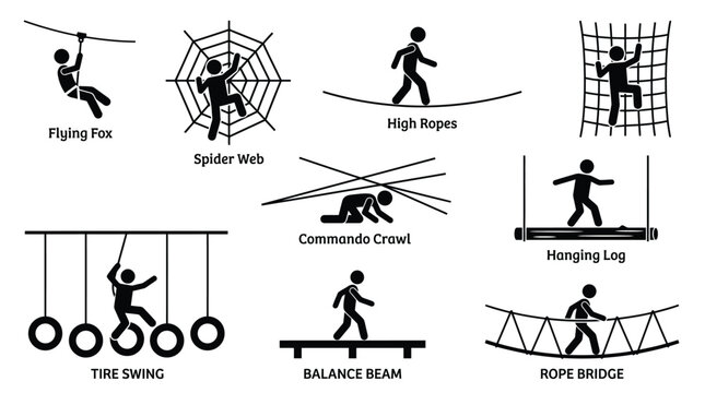 Stick figure icons depicting various outdoor adventure obstacles for a fun high ropes challenge course design