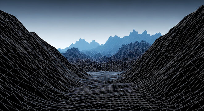 Digital abstract 3D landscape with steep rocky mountains and dark deep valley mountains landscape abstract environment minimalist topography wilderness