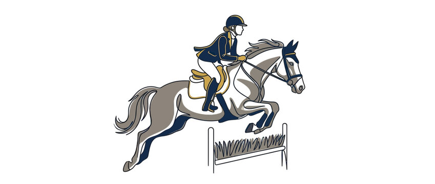 Equestrian jumping over hurdle, athletic horse and rider illustration