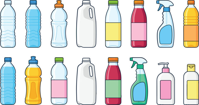 Plastic bottles vector illustration set featuring mineral water containers juice bottles spray cleaners milk jugs lotion pumps and cooking oil packaging