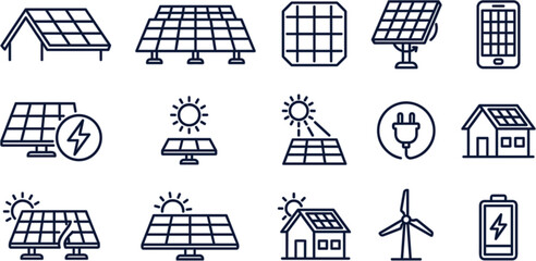 Solar power vector icon set featuring solar panels roof installation sun energy wind turbine battery storage and clean renewable technology line art symbols © Dulal creation 
