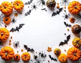 Obraz premium 白い背景に配置されたハロウィンのカボチャとコウモリとクモのフレーム素材/Halloween frame with orange pumpkins, black bats and spider webs.