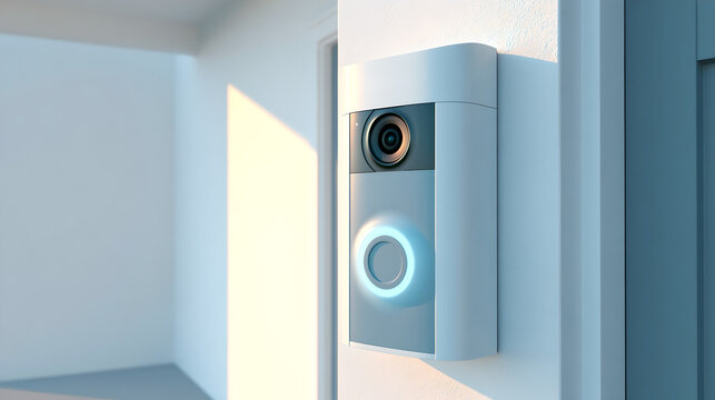 Digital doorbell camera with a glowing blue light is installed on the exterior wall of a residence.
