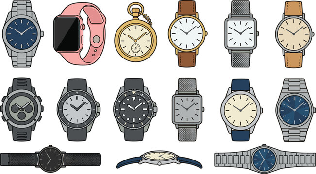 Wrist watch vector illustration set featuring smart watch digital pocket watch luxury silver chronographs leather strap sport and classic timepieces