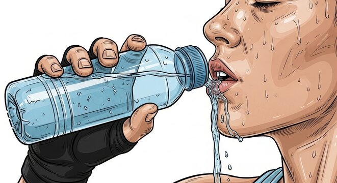 Sports - Sweaty Athletic Person Drinking Water From Plastic Bottle After Intense Workout Illustrated Comic Style