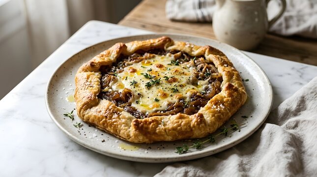 Rustic caramelized onion galette with melted cheese and thyme on plate, homemade savory tart