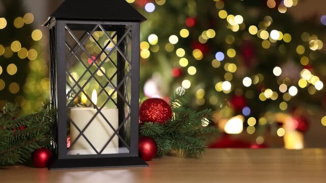 Christmas lantern with burning candle, fir tree branches and baubles on wooden table indoors against blurred lights, closeup