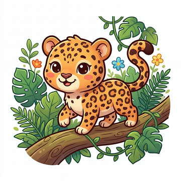 Cute cartoon leopard standing on tree branch in jungle