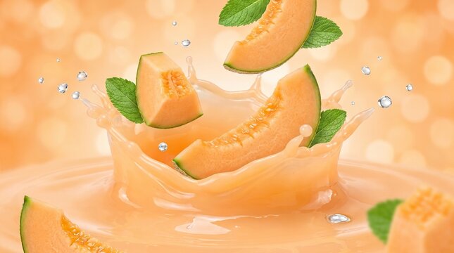 Fresh Cantaloupe Slices Splashing into Refreshing Juice with Green Leaves.