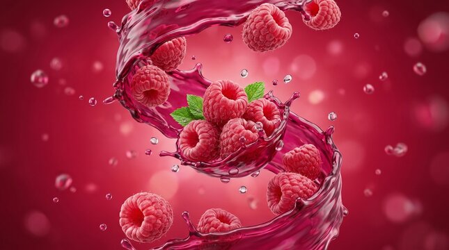 Fresh raspberries swirling in a dynamic red juice splash with mint leaves.