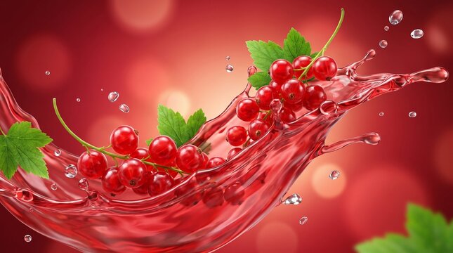 Fresh red currants splashing in vibrant red berry juice wave with green leaves.