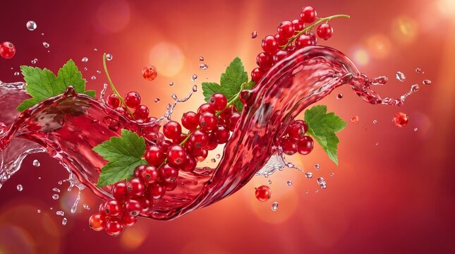 Fresh red currants splashing in vibrant red juice with green leaves on bokeh background.