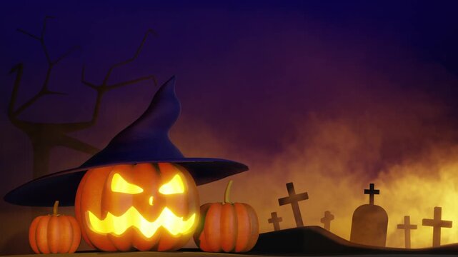 Halloween jack o lantern pumpkin wearing witch hat in spooky cemetery with glowing smoke dark background and copy space. 
