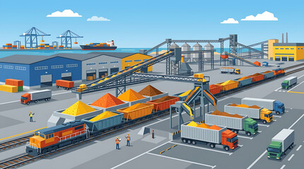Naklejka premium Isometric vector illustration of a busy bulk cargo logistics terminal with freight trains, trucks, and conveyor belts