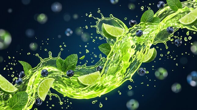 Refreshing lime and blueberry drink splash with mint leaves.