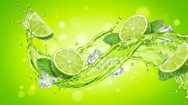 Refreshing lime splash with mint leaves and ice cubes on vibrant green background.